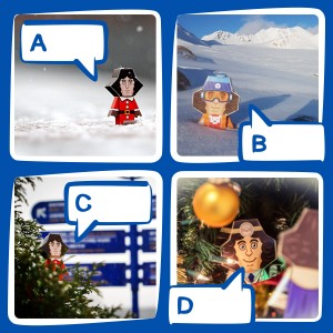 na grafice 4 zdjęcia przedstawiające postać papierowego Koperniczka w śniegu i przy choince. Kliknij, aby powiększyć zdjęcie.